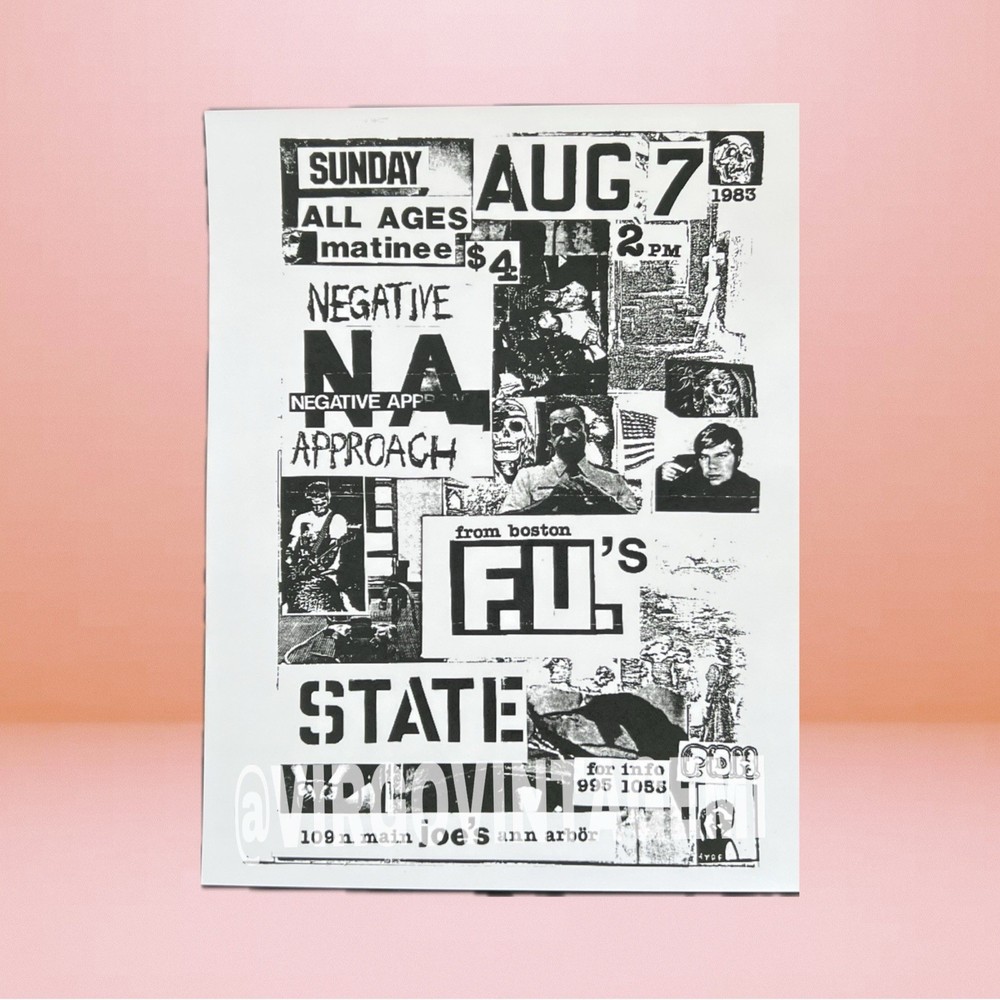 Negative Approach, FU's & State Concert Flyer (August 7, 1983 - Joe’s Ann Arbor)