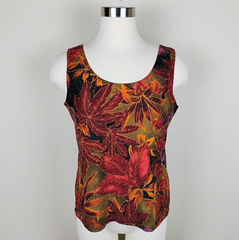 Chico's Design Vintage Tank Top Size 2 (L/12) Botanical Print Gold Thread Accent