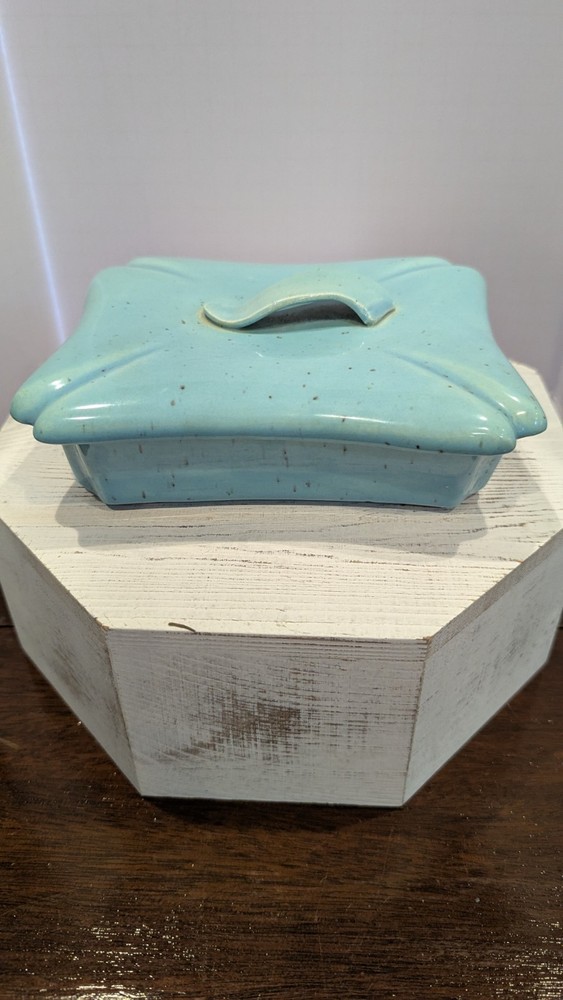 Turquoise Ceramic Trinket Jewelry Box with Hand-Painted Details  