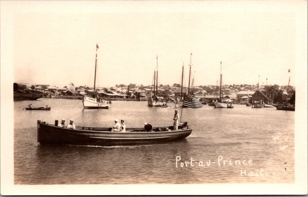 Haiti RPPC Port-au-Prince Harbor View w Sailors on Boat AZO