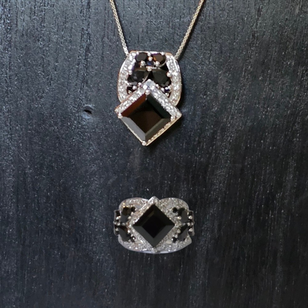 Black Spinel Sterling Silver Necklace and Ring Set size 10 NWT