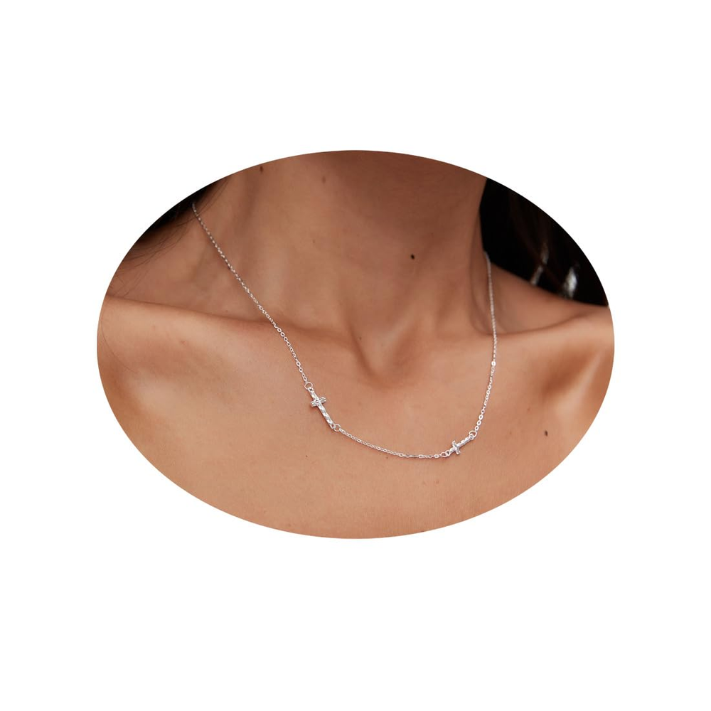 Sterling Silver Cross Necklace for Women 925 Sideways Pendant Side Choker Small