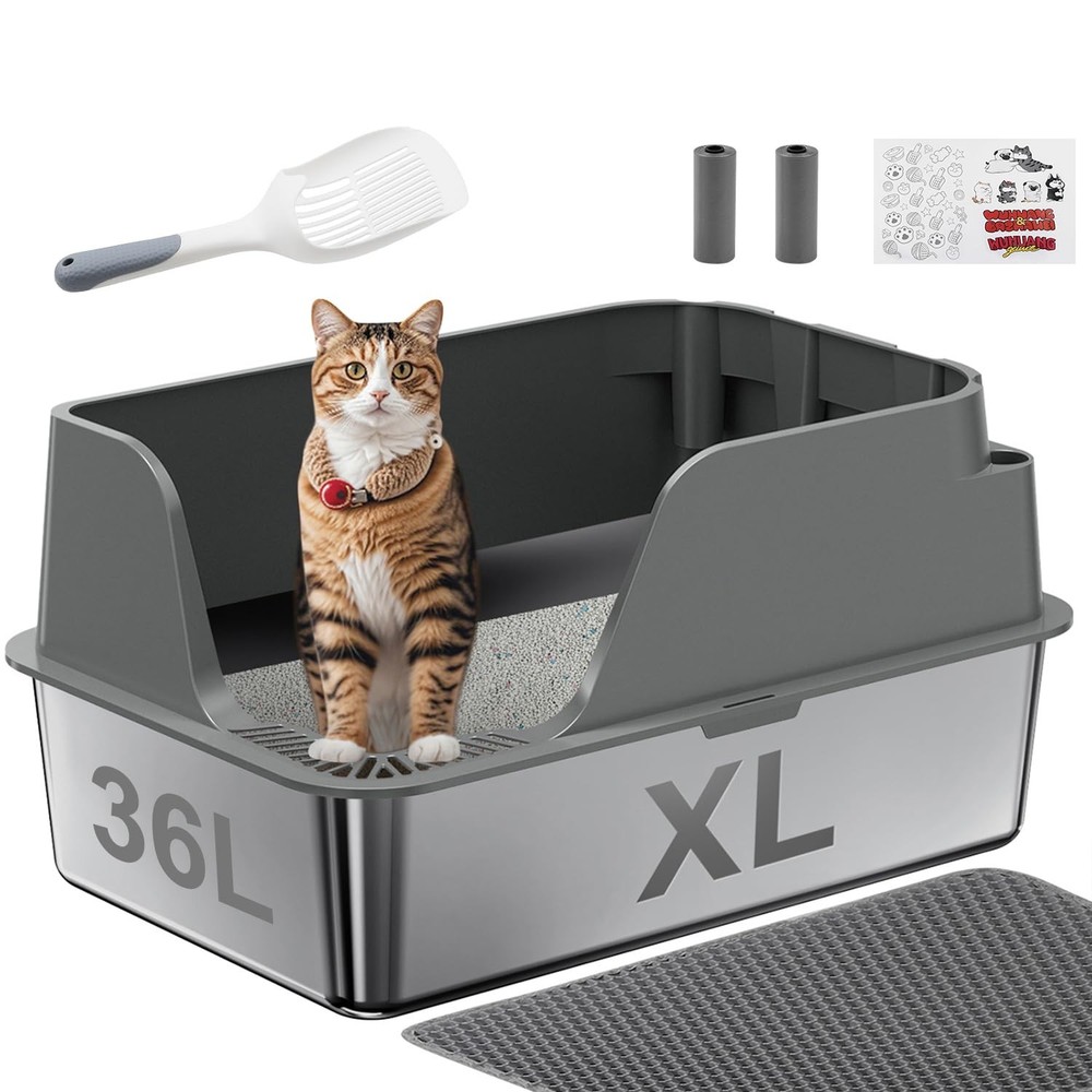 Non-stick Stainless Steel Litter Box, XL Side Opening Splash-Proof & Leak-Proof