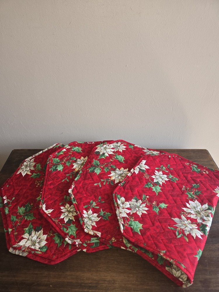 Set Of 4 Placemats Red W/White Poinsettias,Holly Leaves, & Berries Christmas