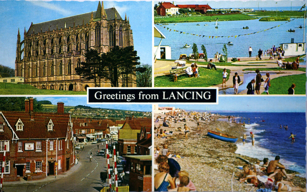 Postcard Lancing Pictorial Chapel Promenade Beach Pier Sea Sussex Constance RPPC
