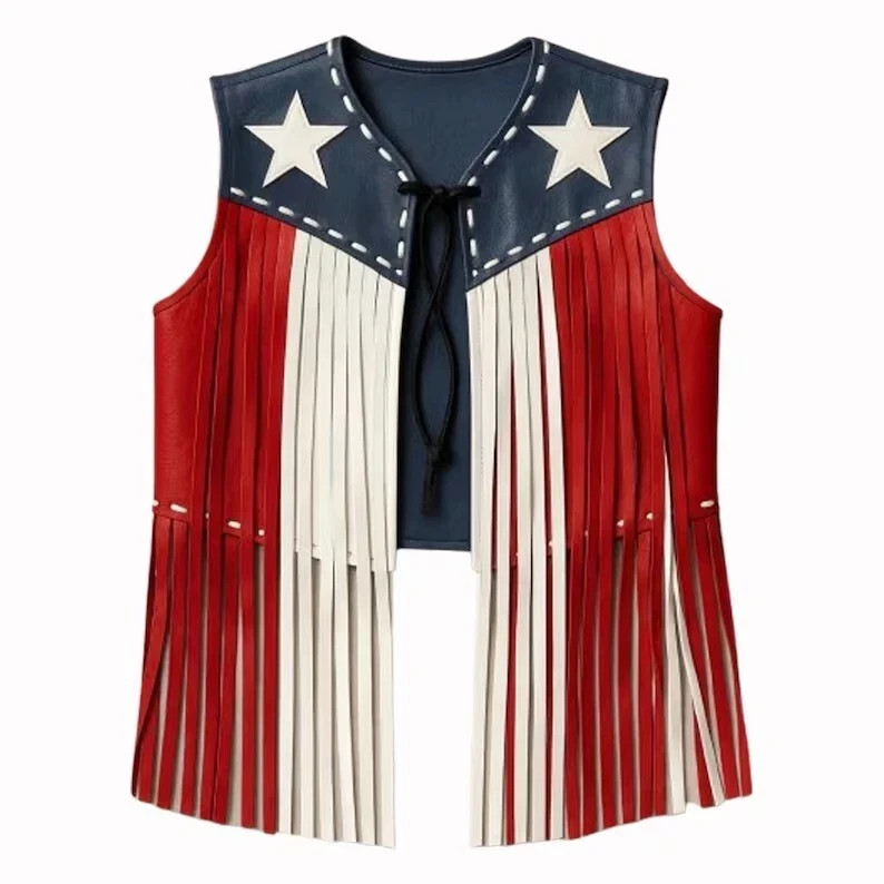 NEW USA Flag Leather Fringe Vest Western Rodeo Biker Festival Unisex Style