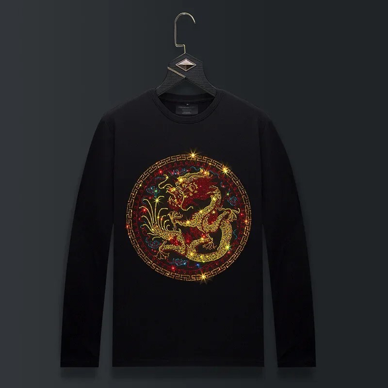 Fashion Dragon Trend Rhinestone Long Sleeve Luxury  Men T-Shirt Plus Size 6XL