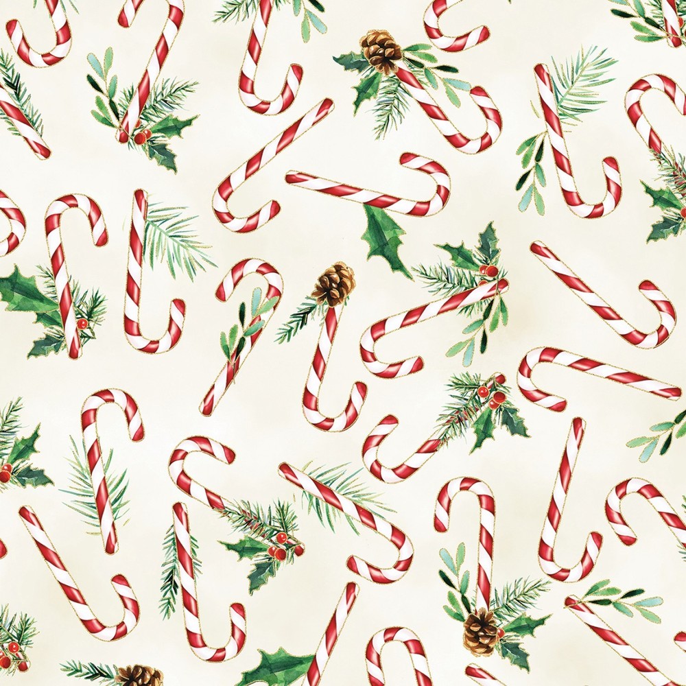 Christmas Fabric | Holiday Sweets Candy Cane & Pine Toss Cream | Hoffman YARD