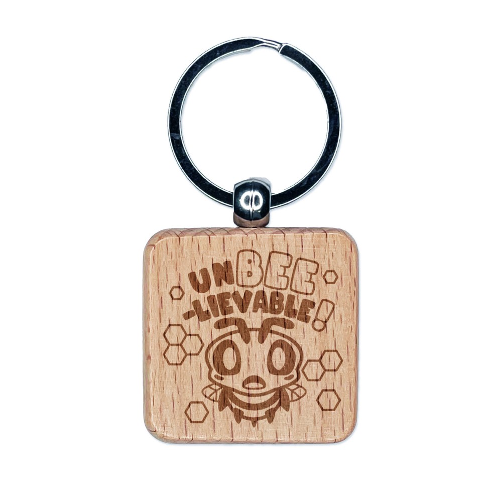 Bee Engraved Wooden Square Keychain Tag Charm for Nature Lovers  