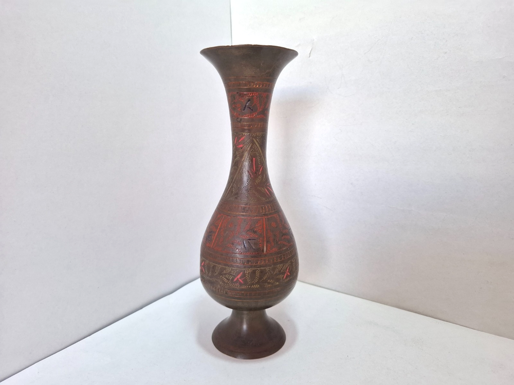 Antique Vintage Engraved Floral Brass Vase India.