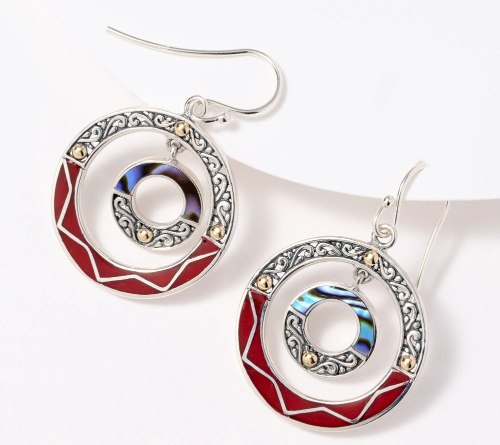 Artisan Crafted Sterling & 18k Accents Abalone & Coral Round Earrings, 1
