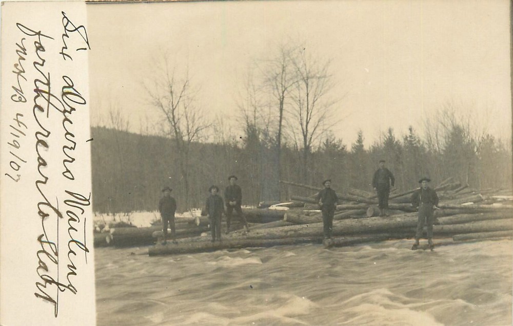 c1910 Maine lumberjacks drivers waiting for rear to start RPPC Postcard 25-4452