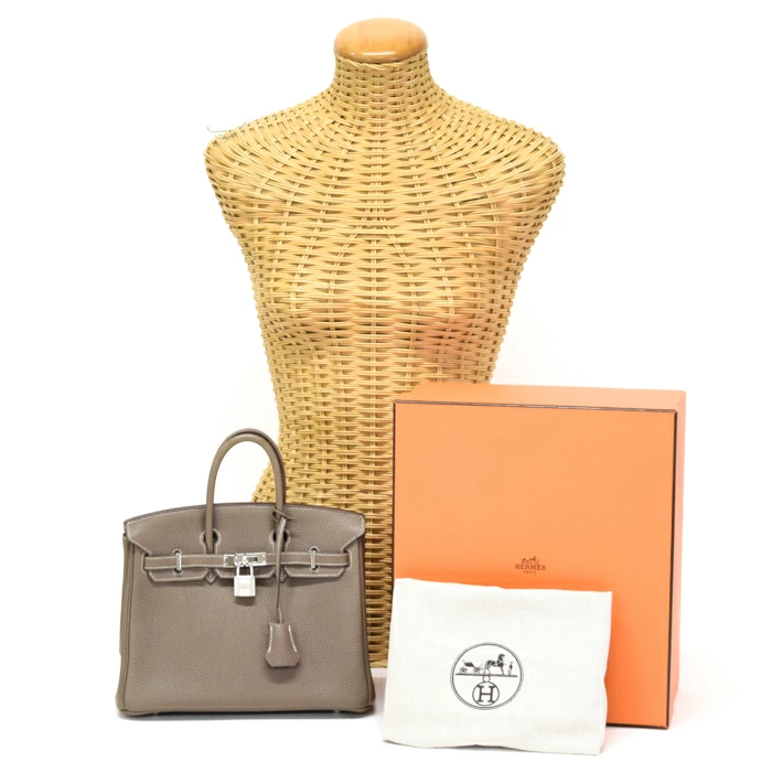HERMES Birkin 25 Togo Leather Silver Hardware Bag 2010 Etoupe Greige