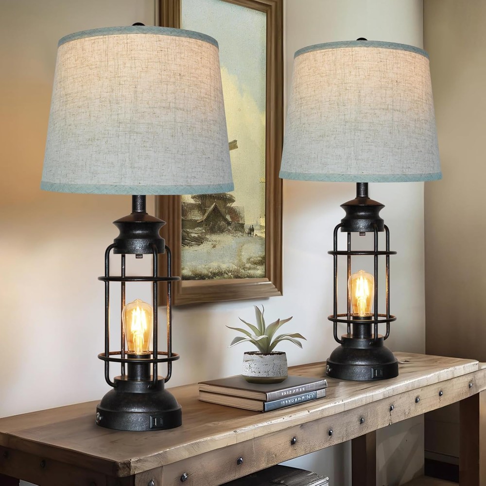 Set of 2 Black Rust Table Lamps with USB Port and 3-Way Lighting, 13