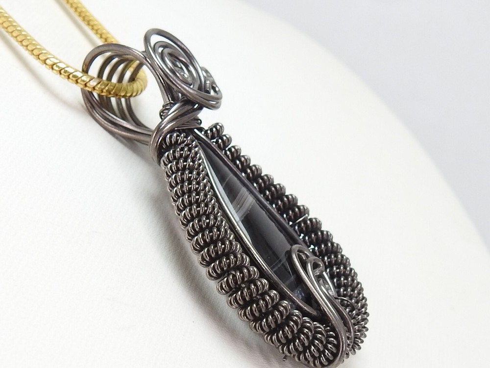 Black Strip Agate Brass Pendant Silver Oxidised Polished Wire Wrapped Jewelry