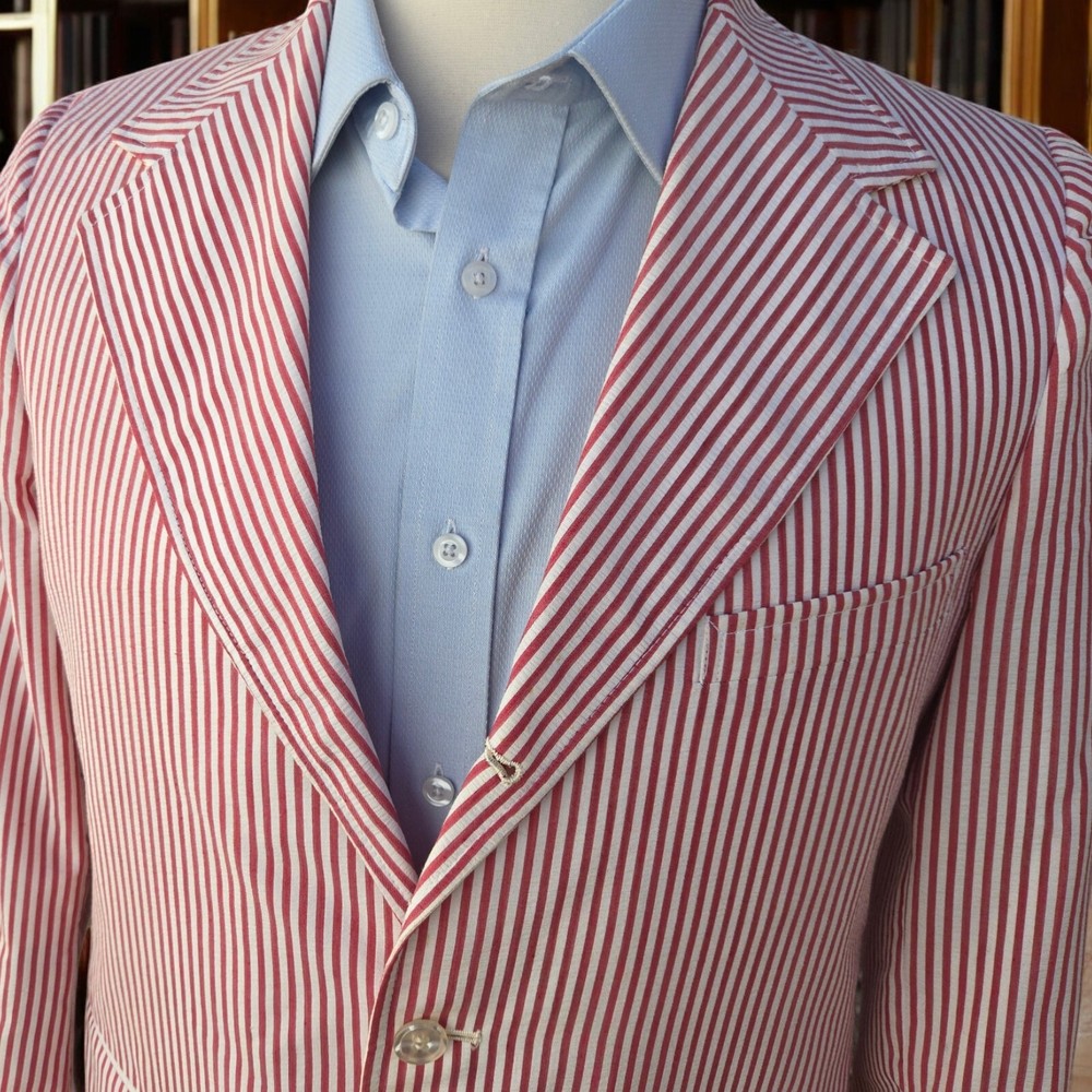 Vintage 60s Seersucker Blazer 40R 3/2 Roll Candy Stripe Spring Summer Jacket