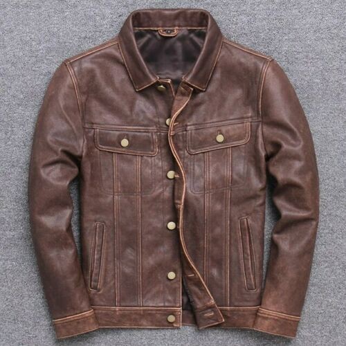 CLEARANCE SALE Mens Vintage Distressed Brown Crackled Leather Trucker Jacket-image