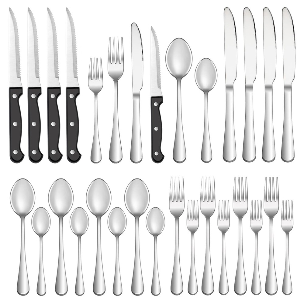 24-Piece Stainless Steel Silverware Set with Steak Knives for 4