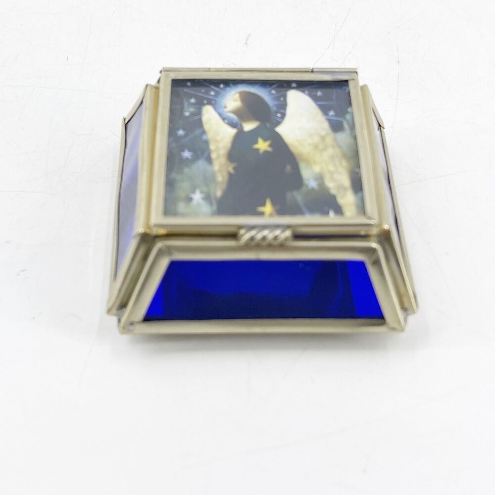 Vintage Viva Mexico Silver Stained Glass Trinket Box Hinged Lid Angel Mirror