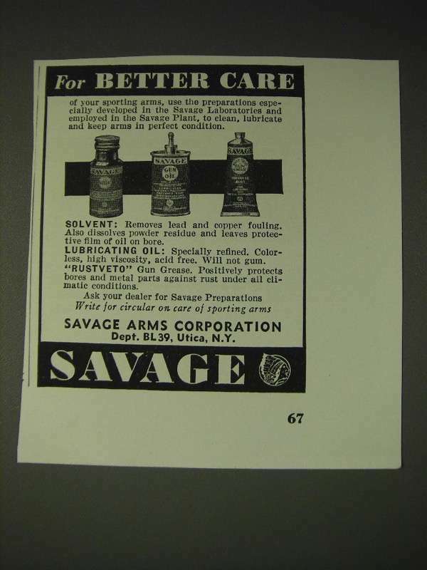 1937 Savage Arms Solvent, Lubricating Oil and Rustveto Ad - For better care